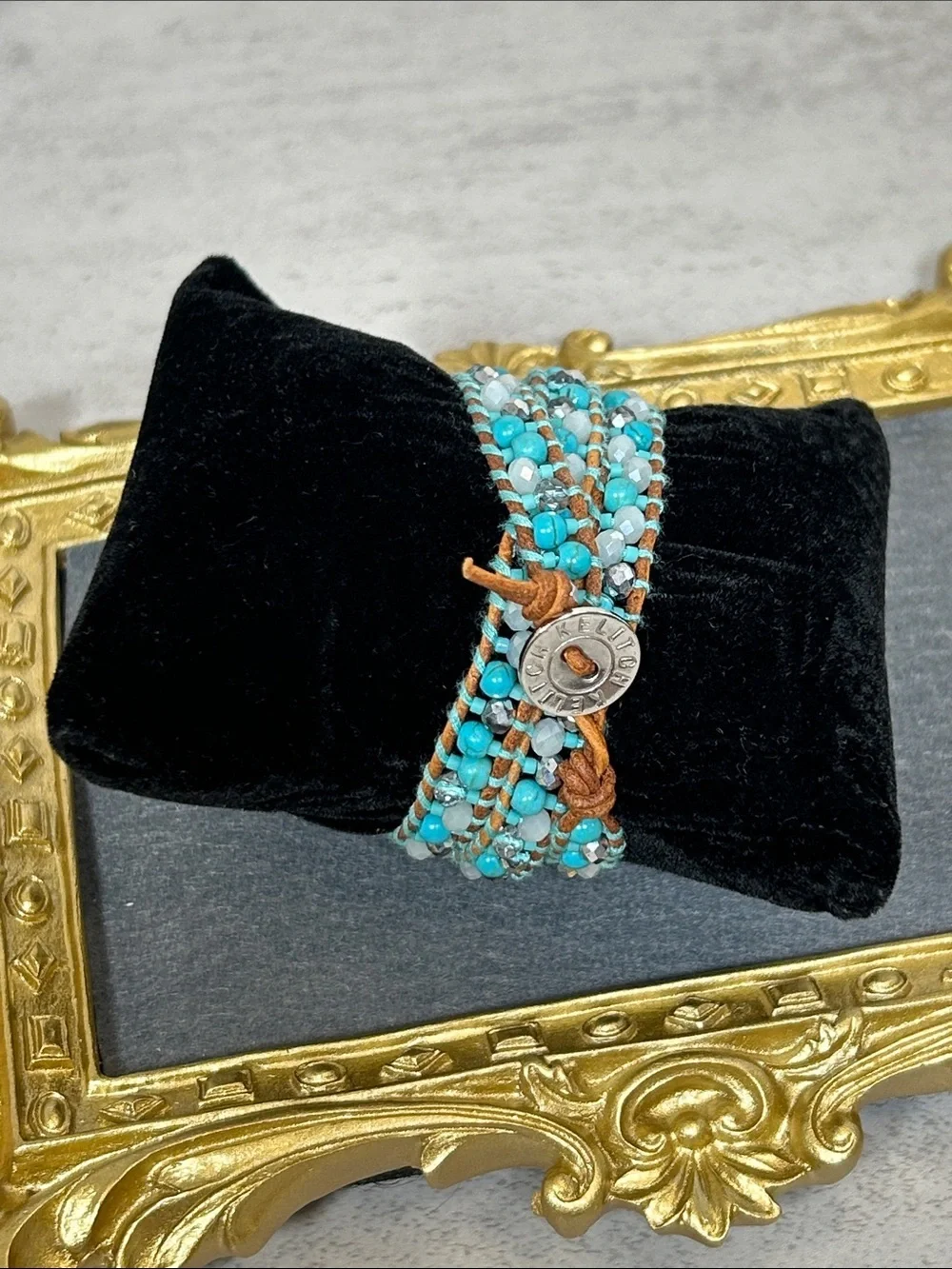 Turquoise Multi-Strand Stone and Crystal Beaded Wrap Bracelet with Brown Leather